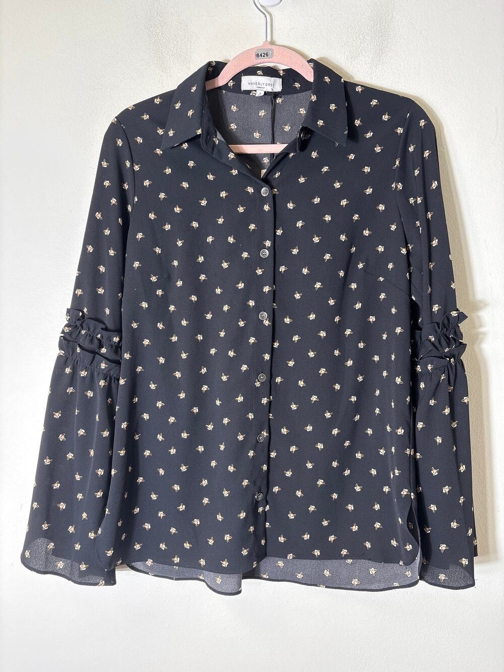 NWT Waverly Gray Black Fox Print Long Sleeve Button Up Shirt Sz S